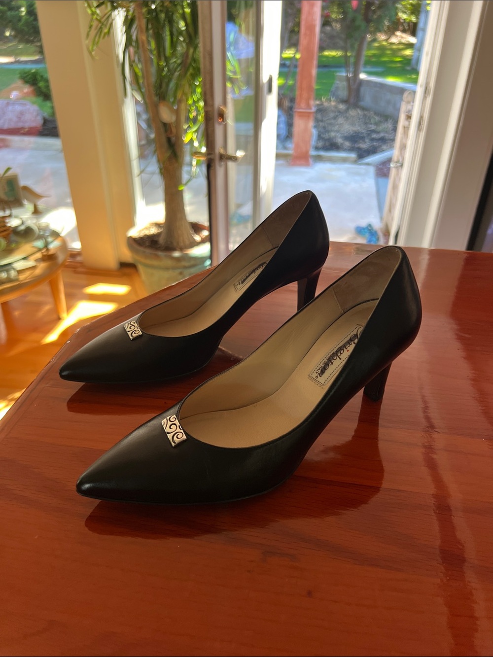 Brighton Black Pointed Leather Pumps with Silver Accent